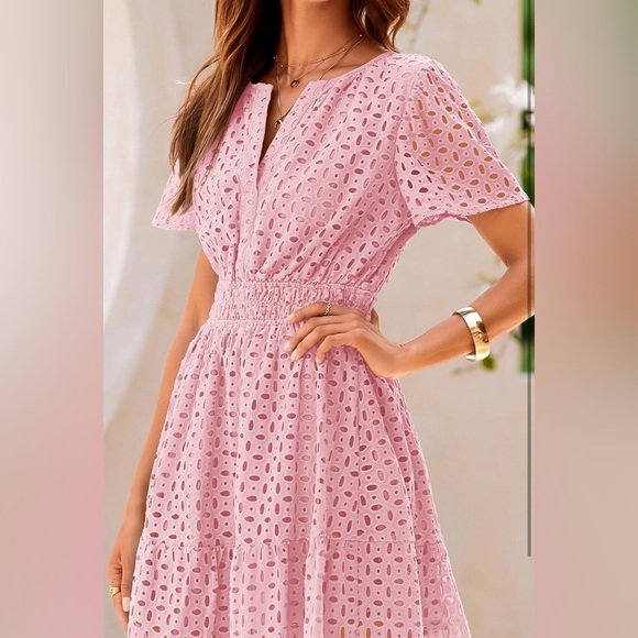 PRETTYGARDEN Short Dress V Neck Short Sleeve A Line Hollow Out Lace Ruffle Dress - Picture 8 of 14